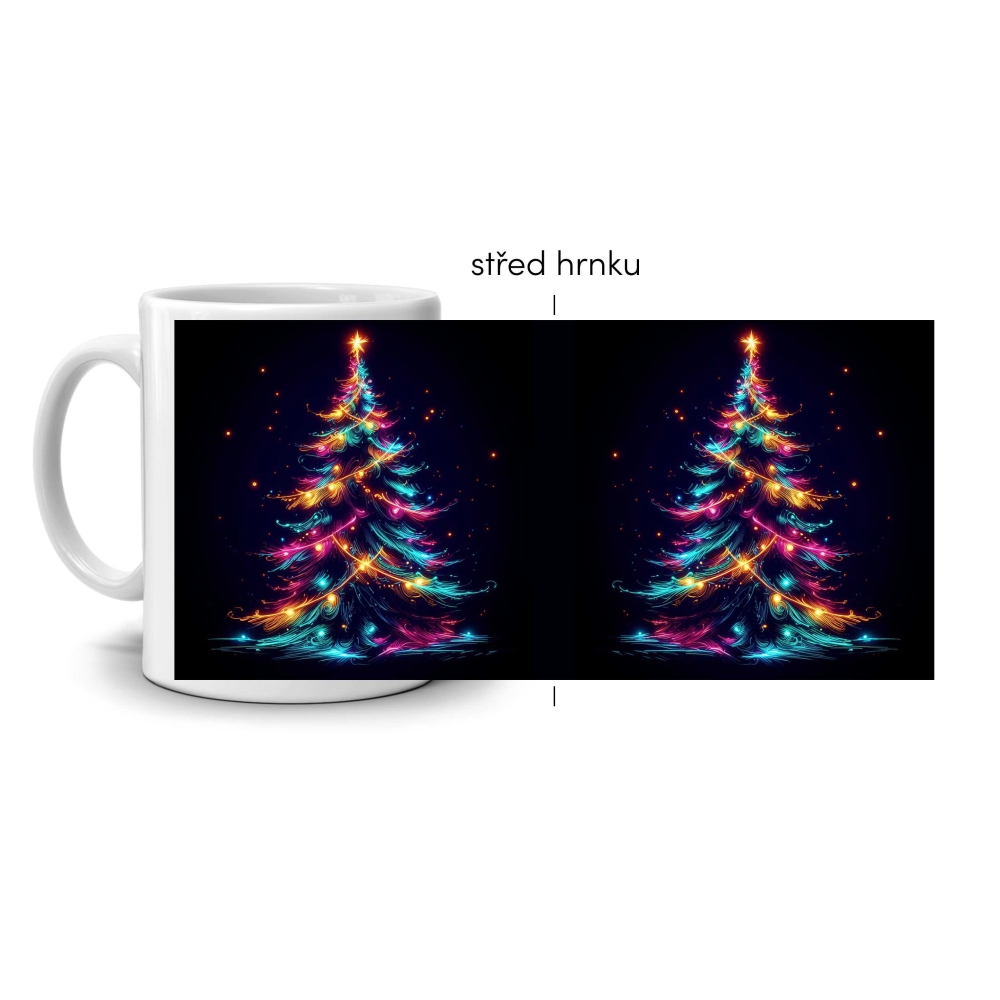 Biely keramický hrnček 330ml s obrázkom - dúhový svietiaci stromček