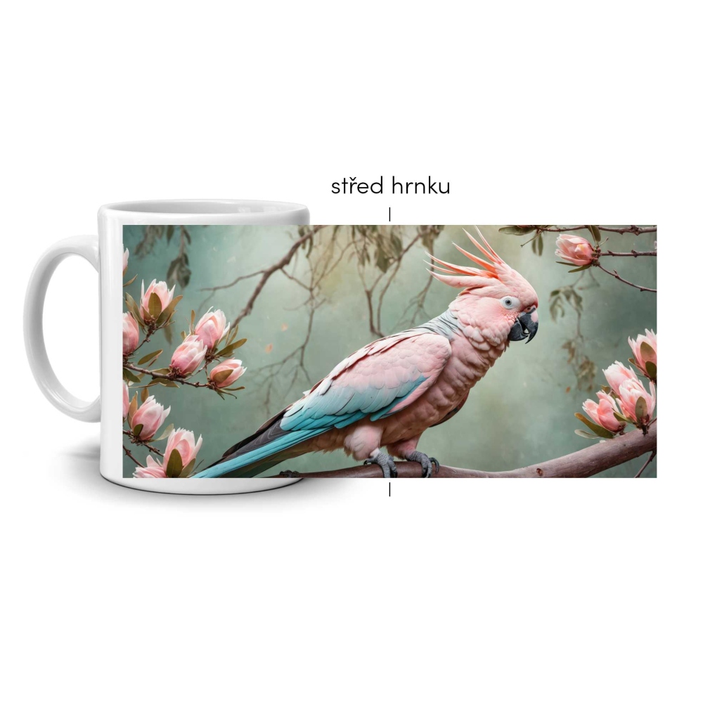 Biely keramický hrnček 330ml s obrázkom - elegantná kakadu inka