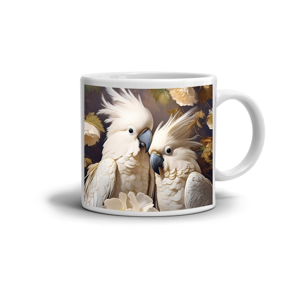 Biely keramický hrnček 330ml s obrázkom - elegantný pár kakadu