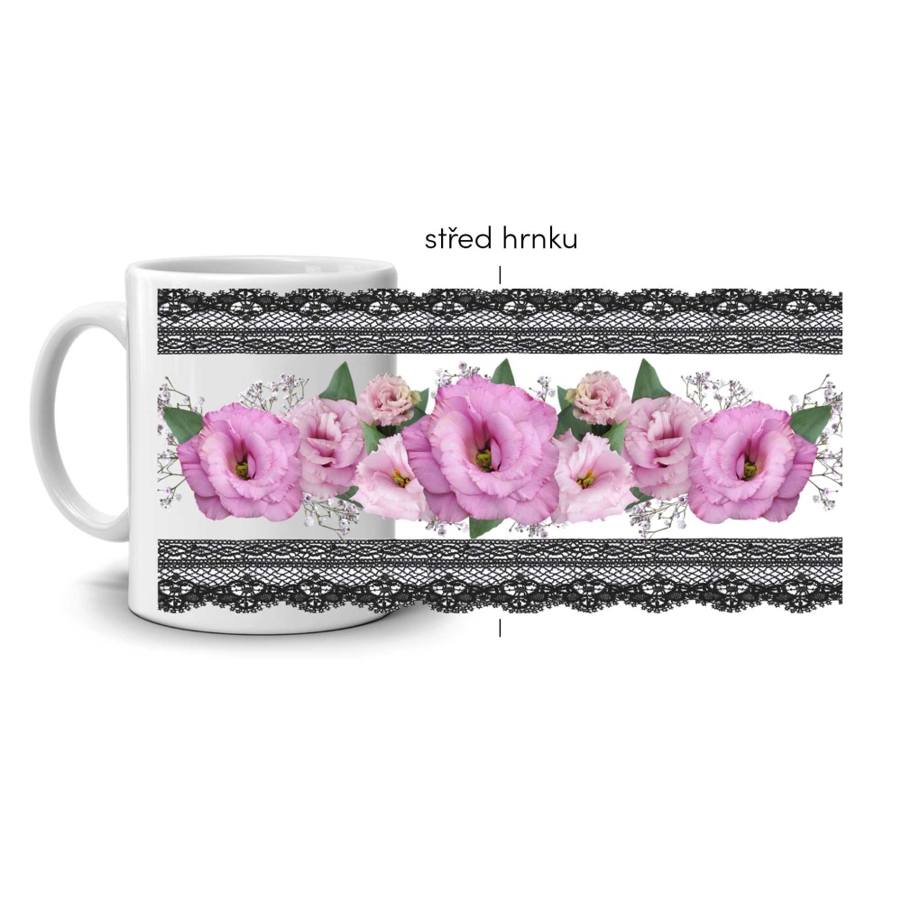 Biely keramický hrnček 330ml s obrázkom - eustoma v krajke