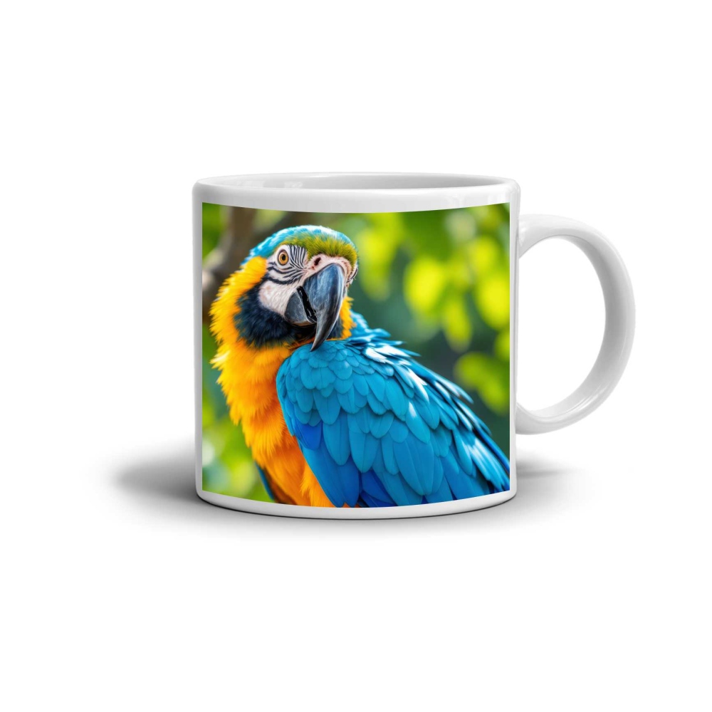 Biely keramický hrnček 330ml s obrázkom - exotický papagáj ara