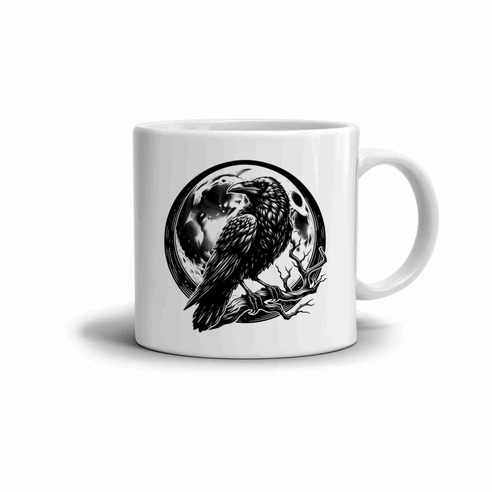 Biely keramický hrnček 330ml s obrázkom - havran pri splne