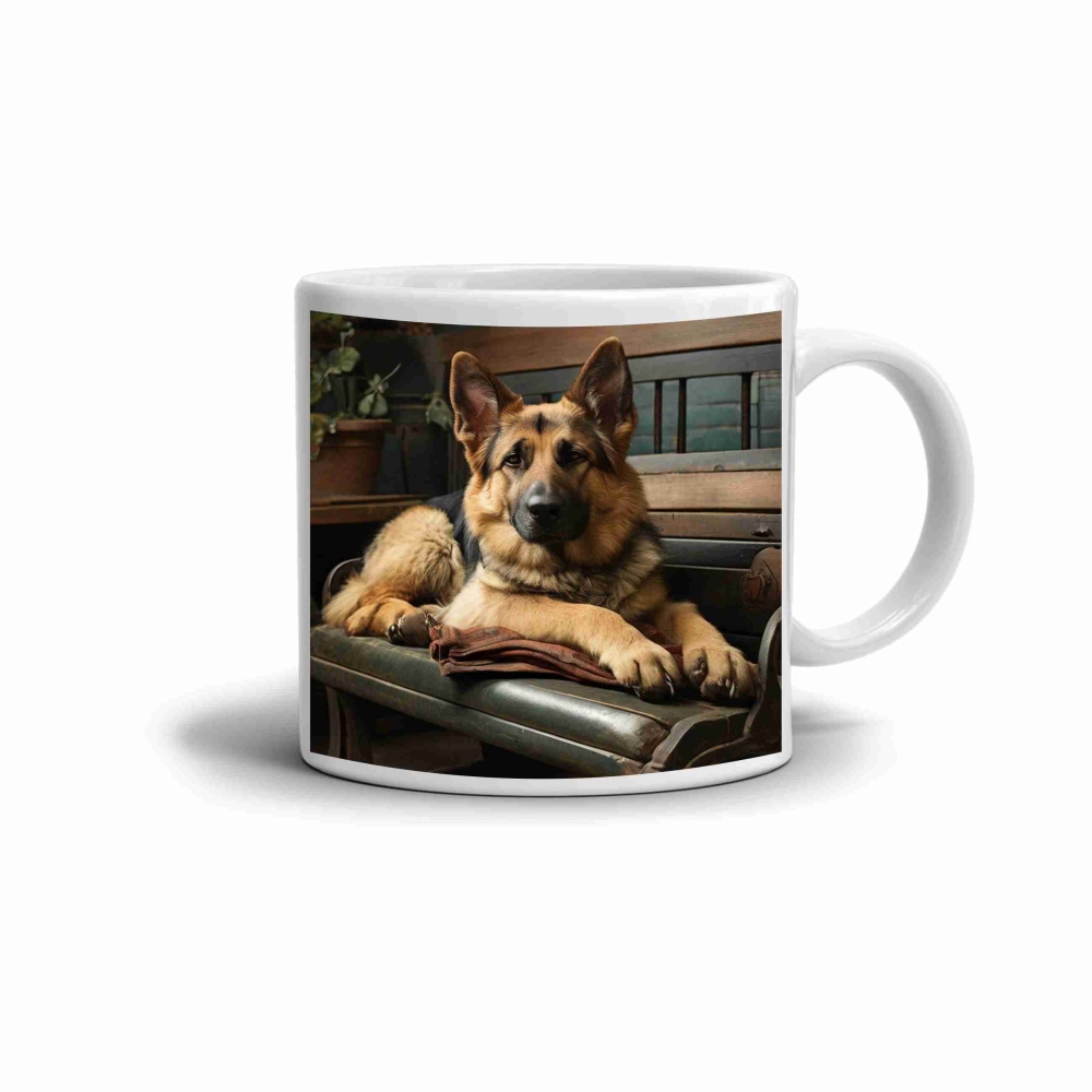 Biely keramický hrnček 330ml s obrázkom - hrdý nemecký ovčiak