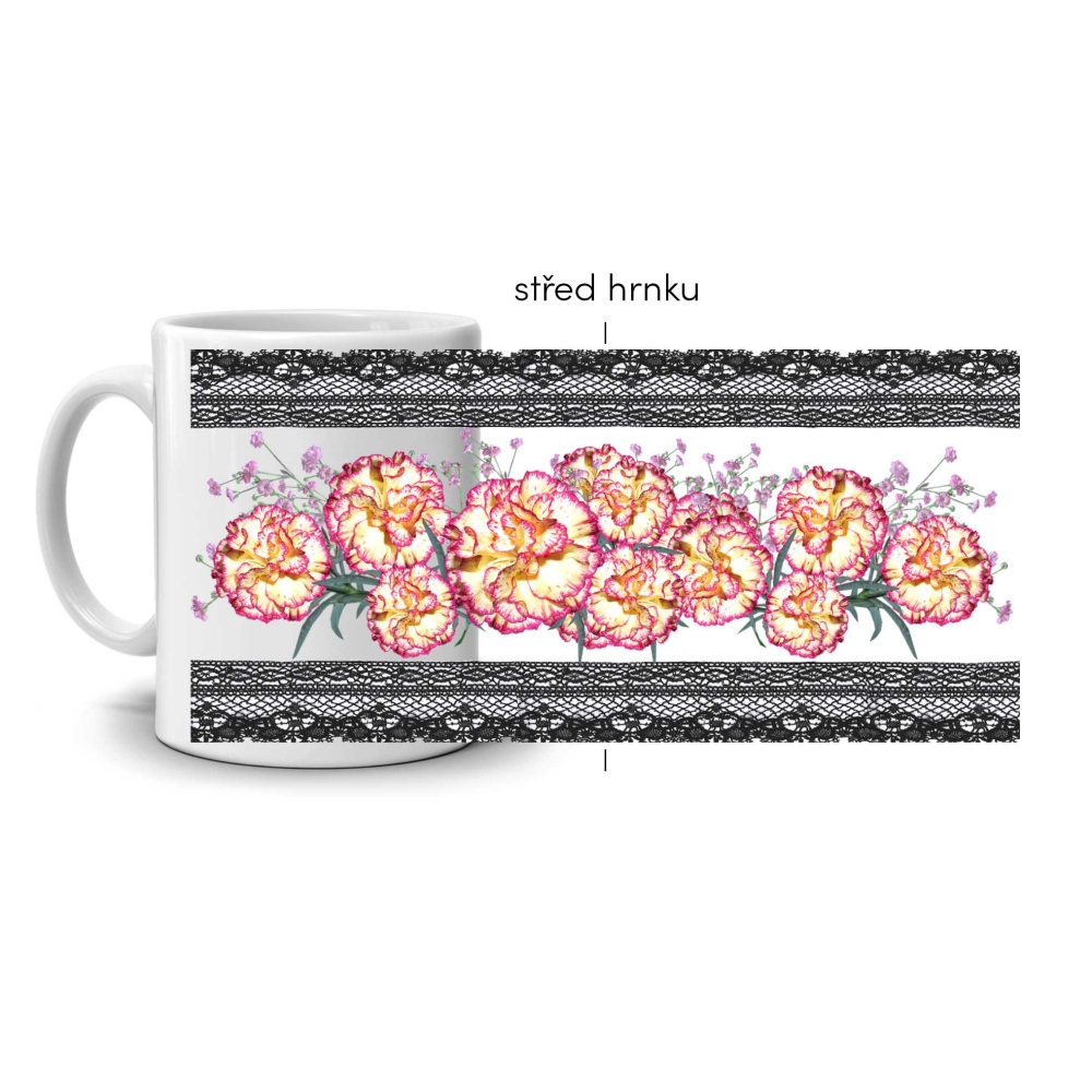 Biely keramický hrnček 330ml s obrázkom - karafiáty v čipke