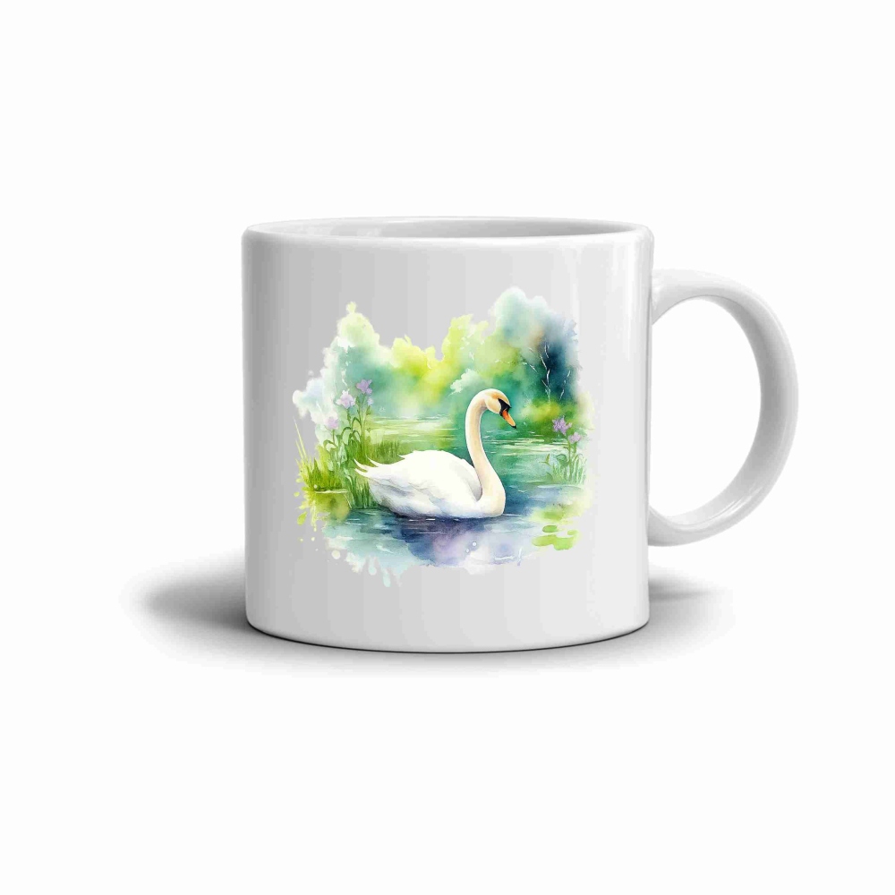 Biely keramický hrnček 330ml s obrázkom - pokojná labuť