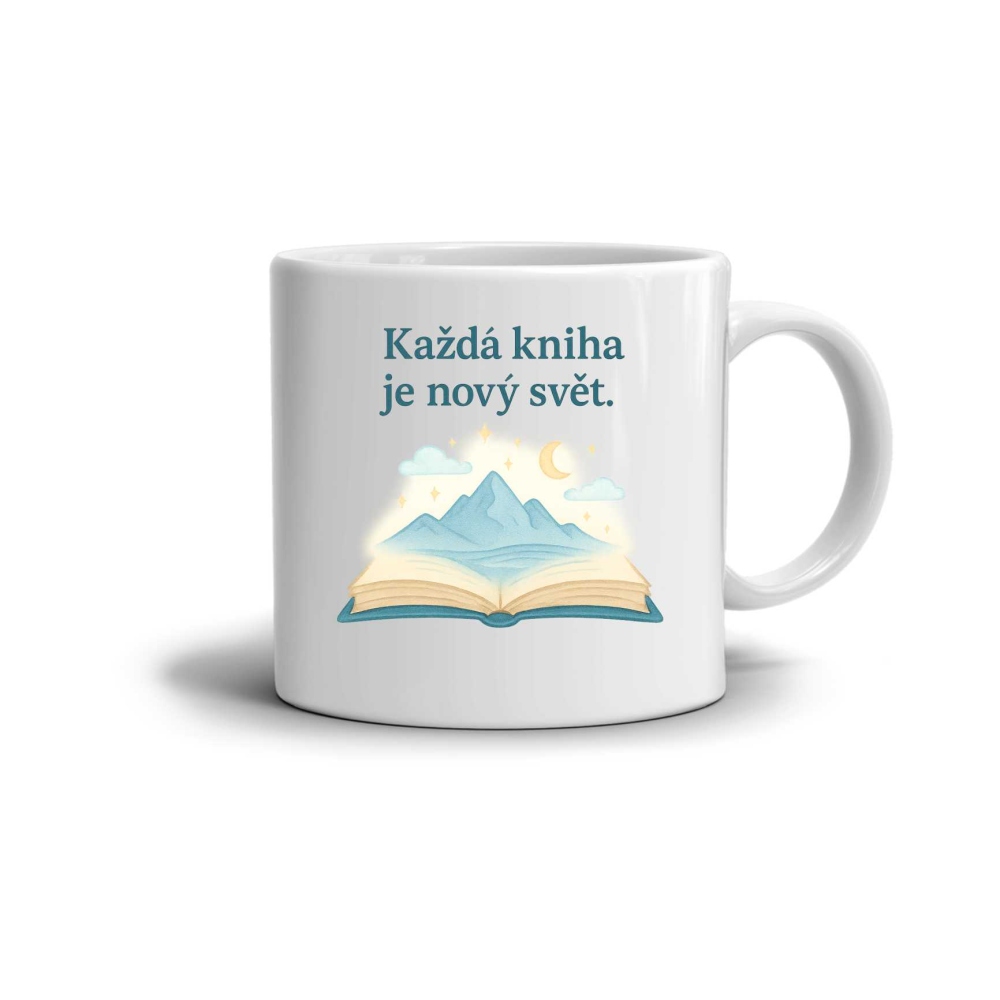 Biely keramický hrnček 330ml s obrázkom - kniha a svet