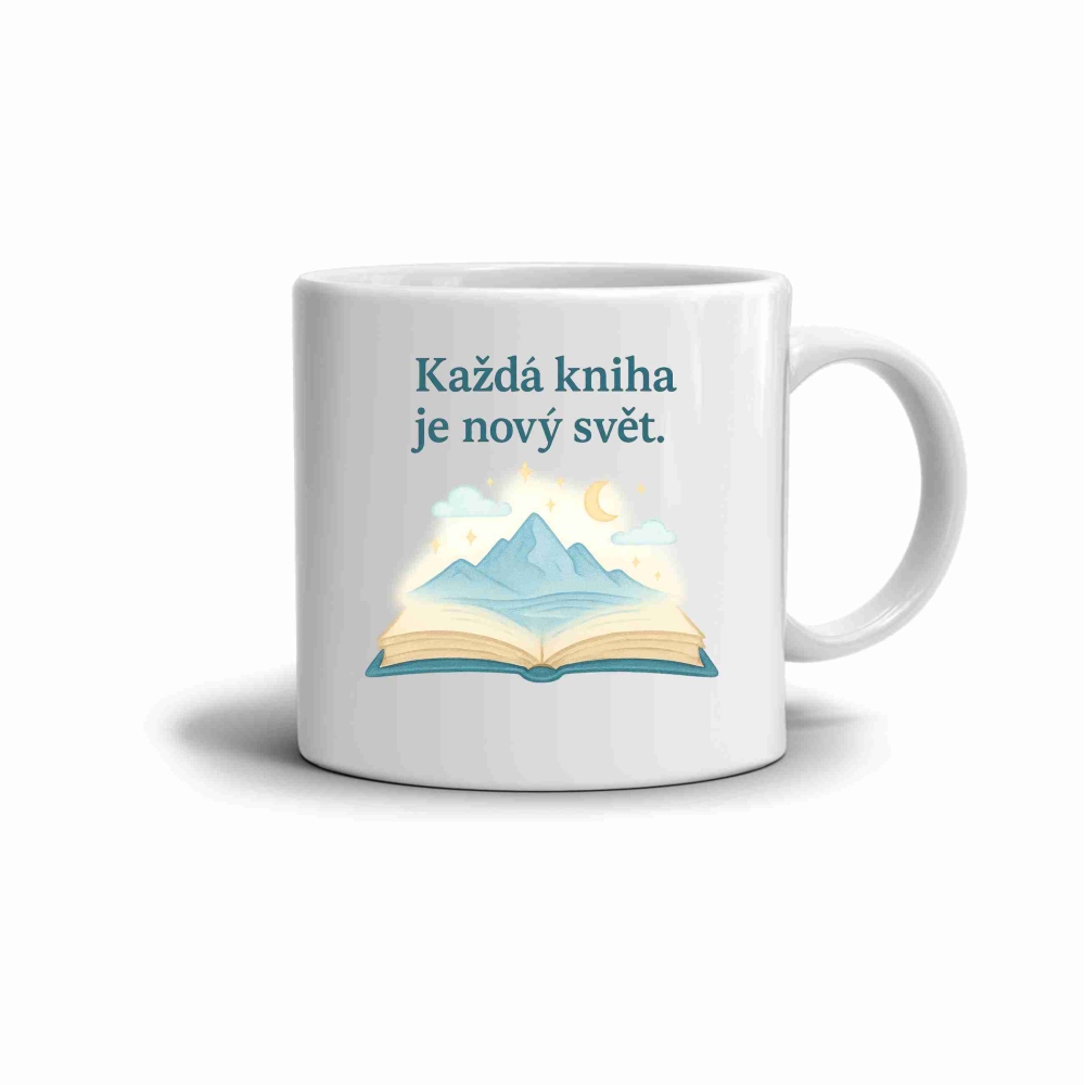 Biely keramický hrnček 330ml s obrázkom - kniha a svet