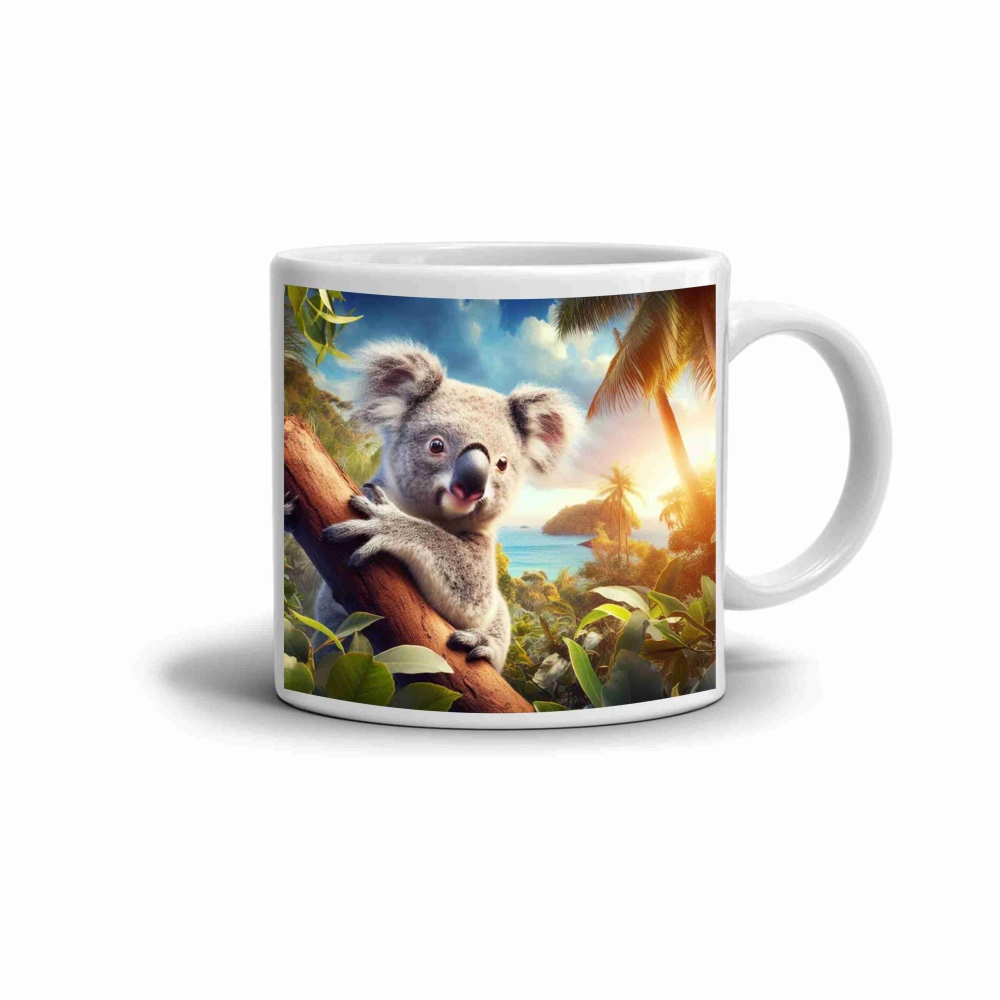 Biely keramický hrnček 330ml s obrázkom - koala v tropickom raji