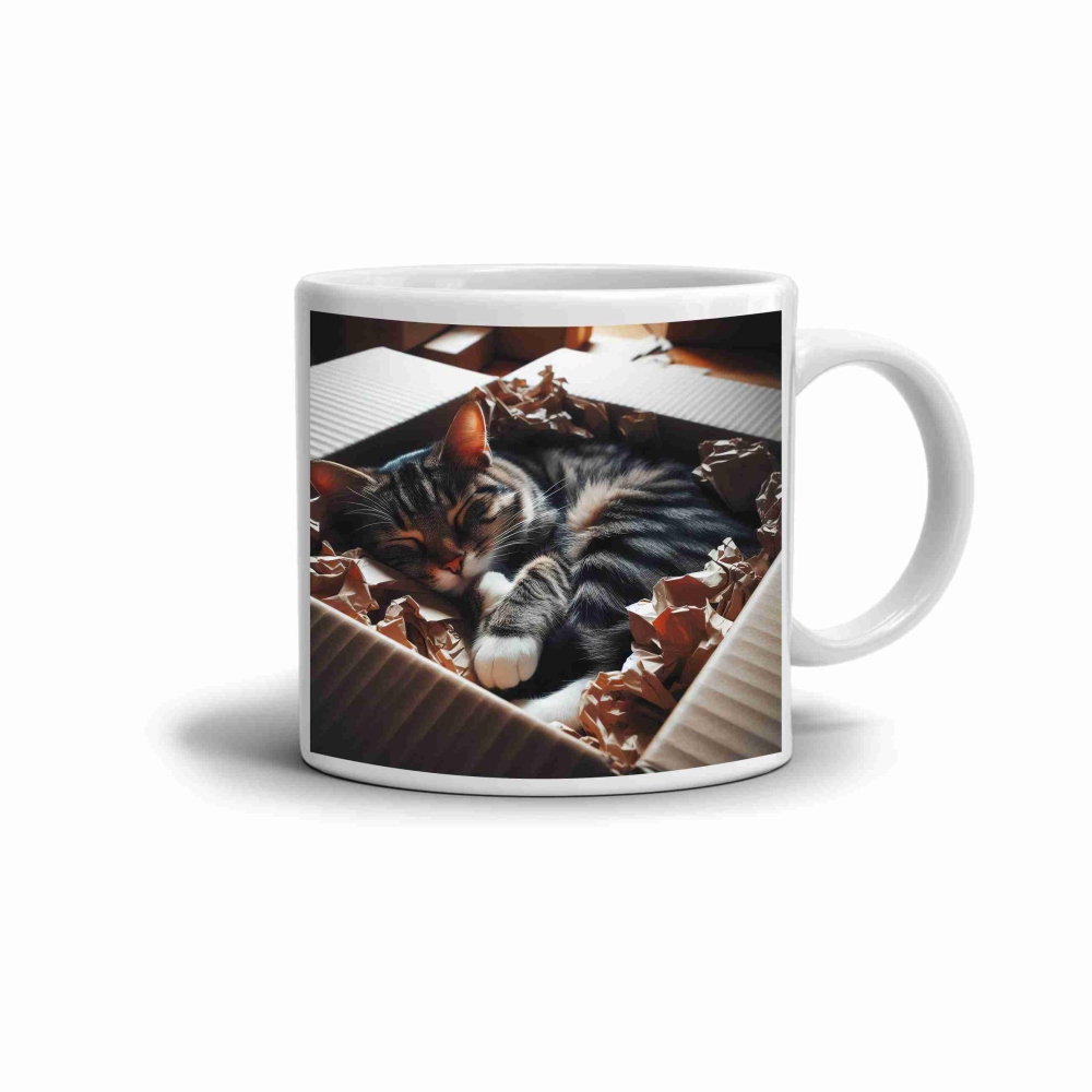 Biely keramický hrnček 330ml s obrázkom - mačacie odpočinok