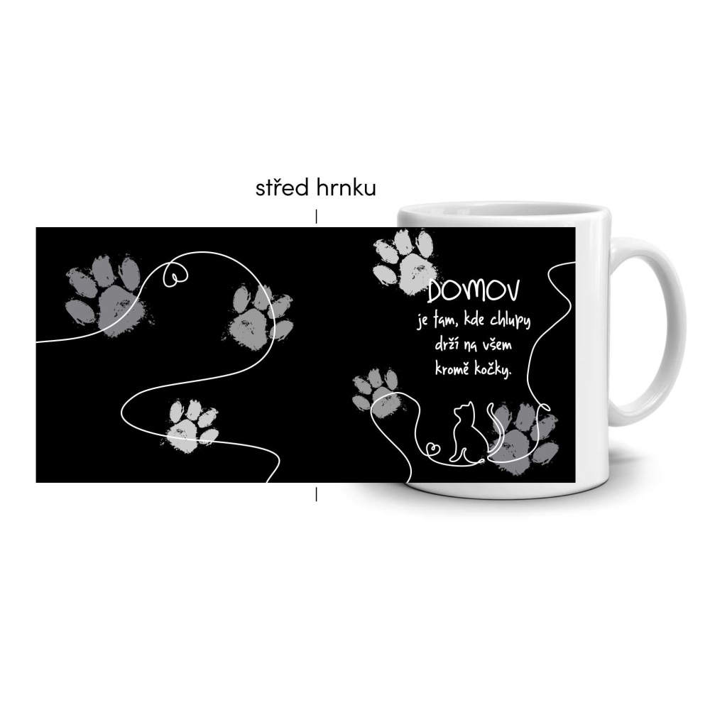 Biely keramický hrnček 330ml s obrázkom - mačka domov (tmavý motív)