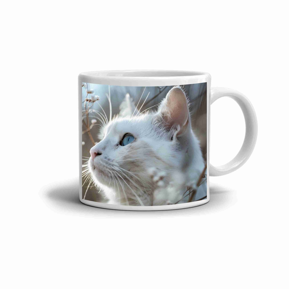 Biely keramický hrnček 330ml s obrázkom - mačka medzi kvietkami