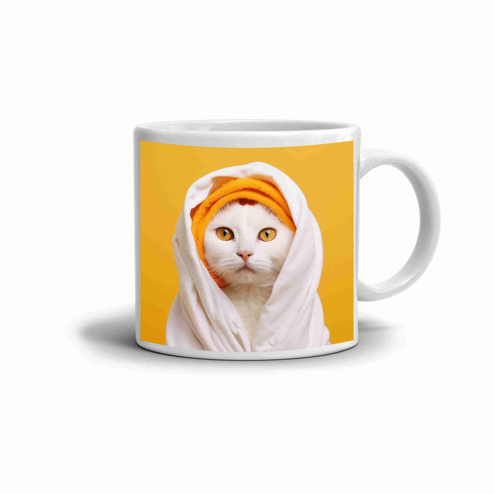 Biely keramický hrnček 330ml s obrázkom - mačka po kúpeli