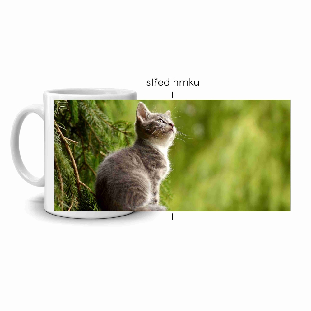 Biely keramický hrnček 330ml s obrázkom - mačka v lese