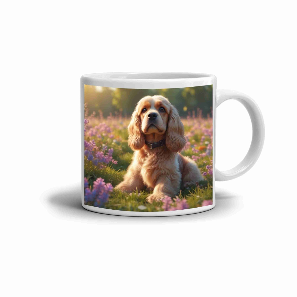 Biely keramický hrnček 330ml s obrázkom - kokeršpaniel v kvetoch