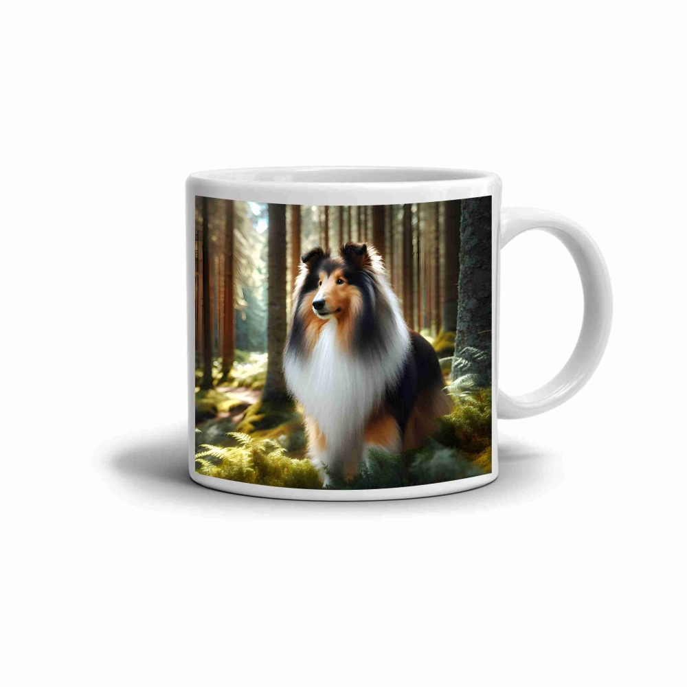 Biely keramický hrnček 330ml s obrázkom - kólia v lese