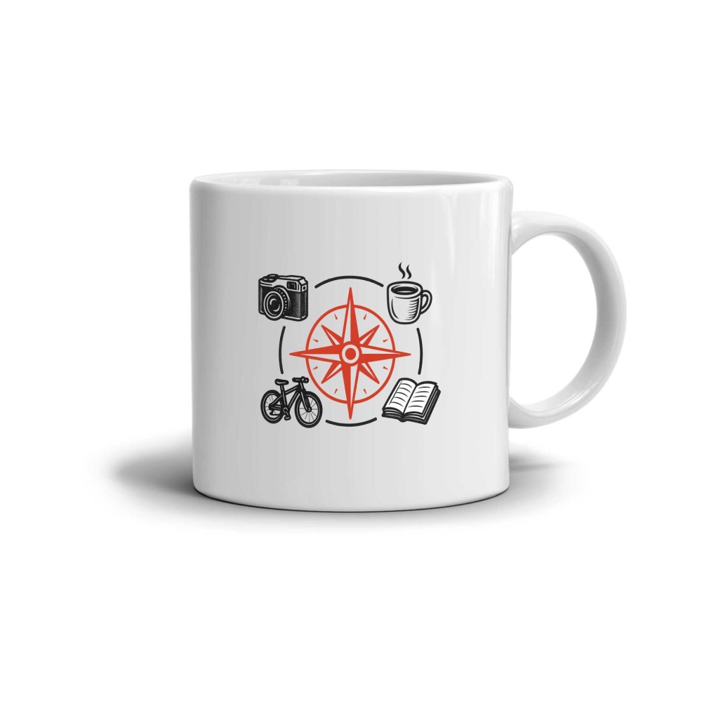 Biely keramický hrnček 330ml s obrázkom - kompas a koníčky