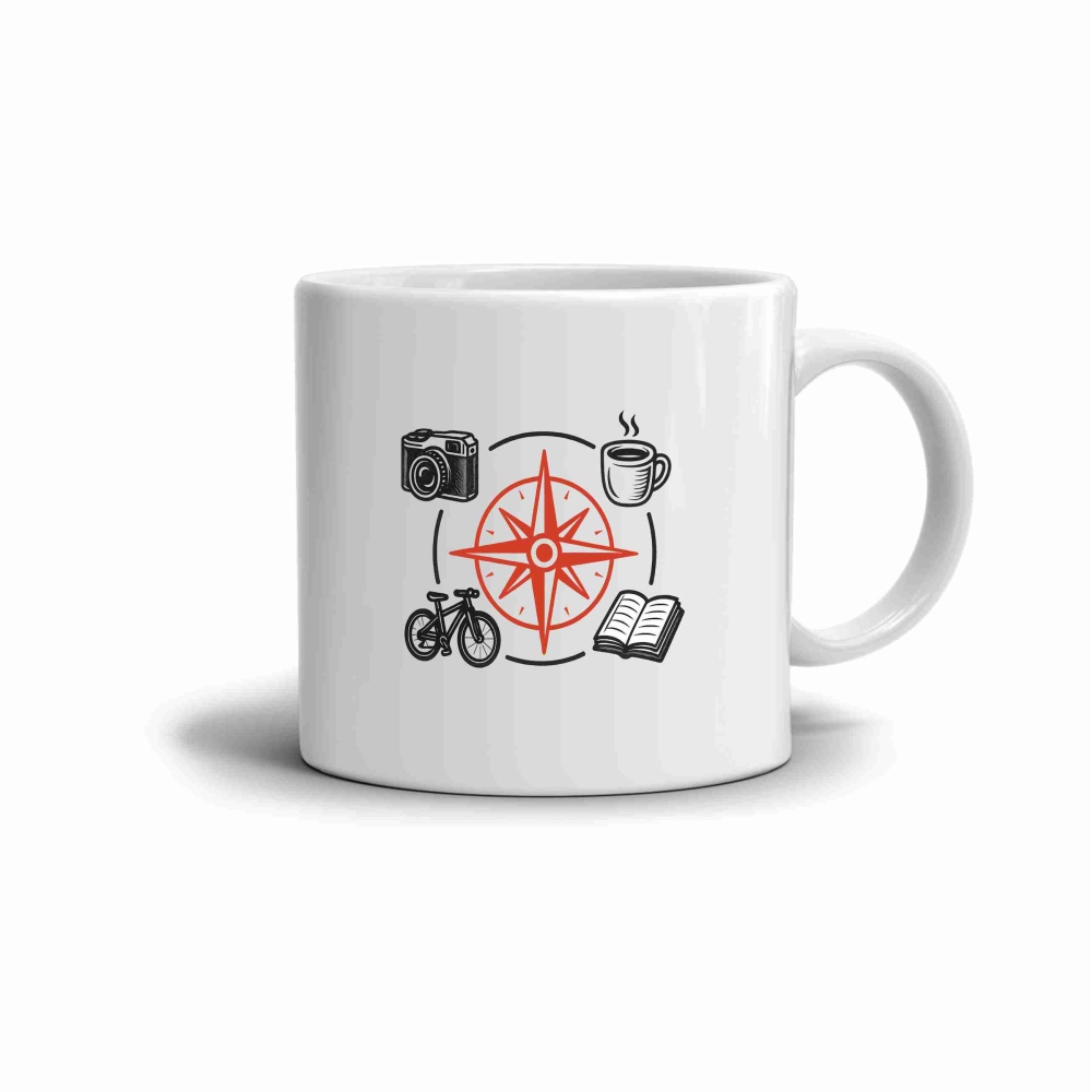 Biely keramický hrnček 330ml s obrázkom - kompas a koníčky