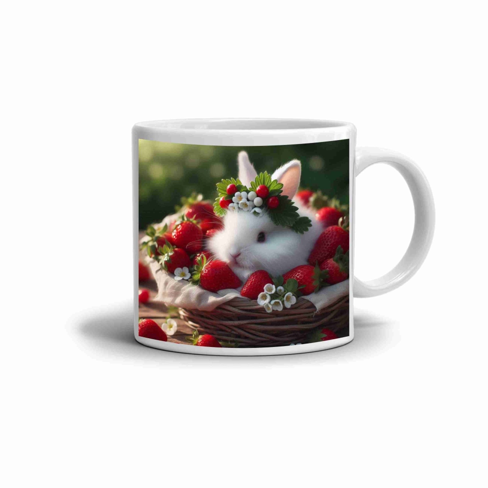 Biely keramický hrnček 330ml s obrázkom - králiček v jahodách