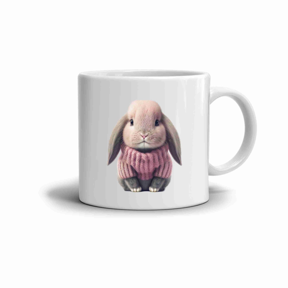 Biely keramický hrnček 330ml s obrázkom - králiček vo svetri