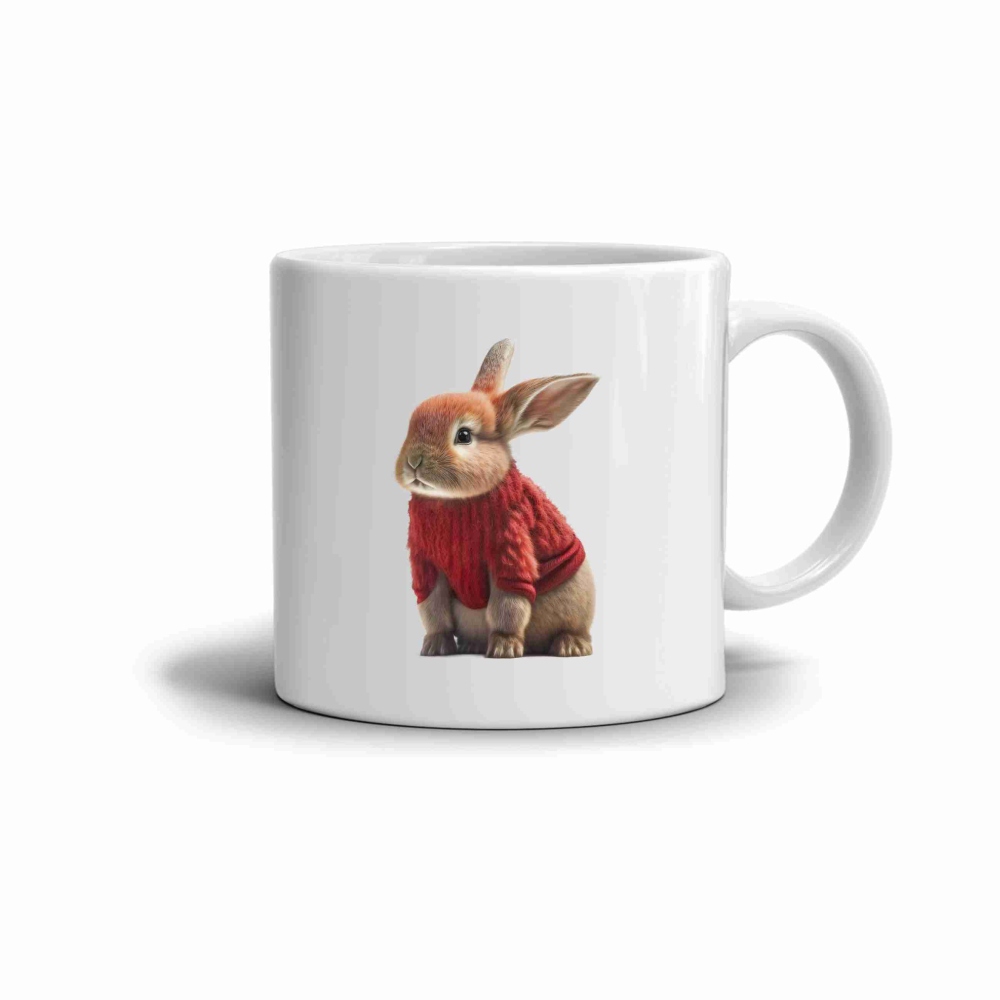 Biely keramický hrnček 330ml s obrázkom - králiček vo svetri