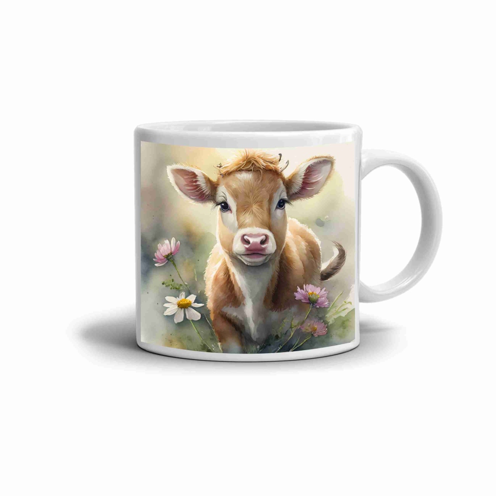 Biely keramický hrnček 330ml s obrázkom - kravička na lúke