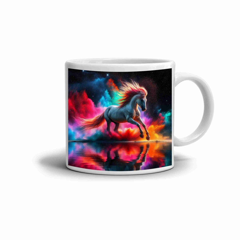 Biely keramický hrnček 330ml s obrázkom - kôň medzi farbami