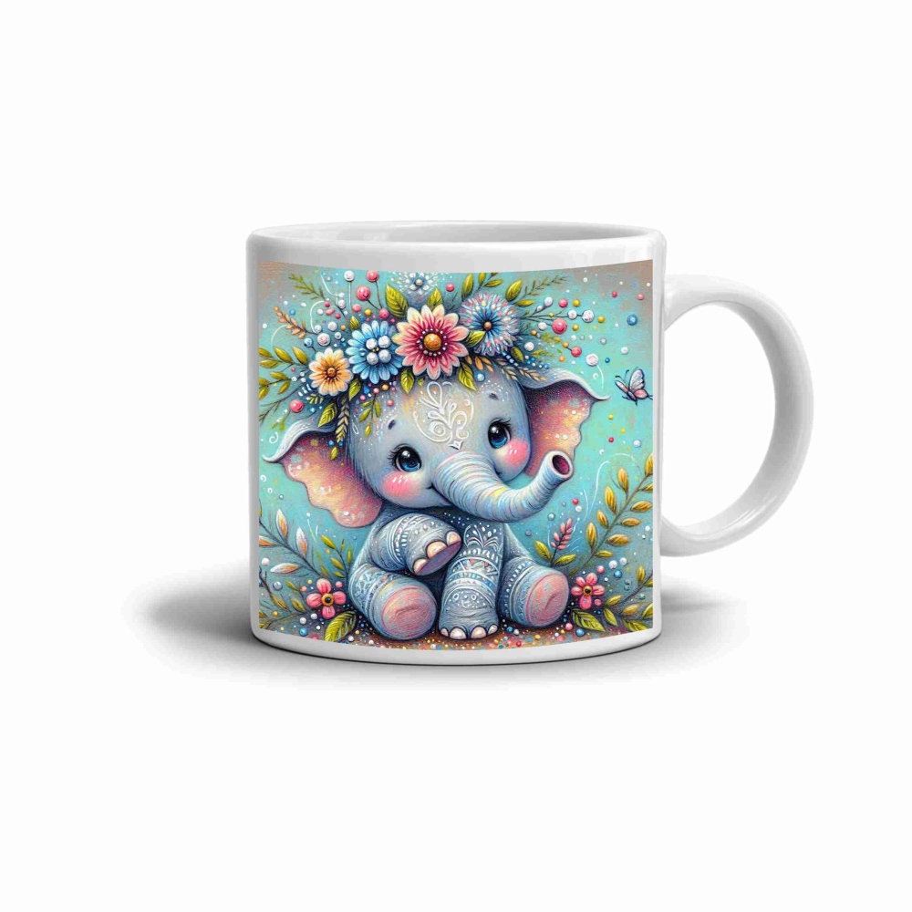 Biely keramický hrnček 330ml s obrázkom - kvetinový sloník