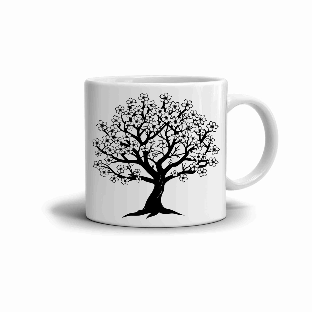 Biely keramický hrnček 330ml s obrázkom - kvitnúci strom