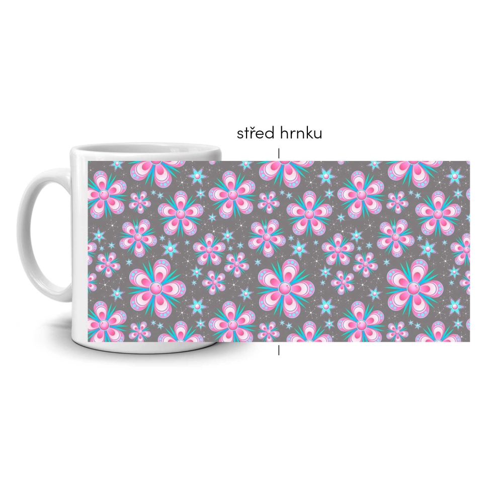 Biely keramický hrnček 330ml s obrázkom - kvety na šedom pozadí