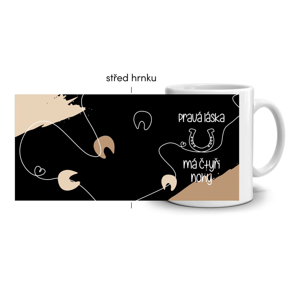 Biely keramický hrnček 330ml s obrázkom - láska má štyri nohy (tmavý motív)