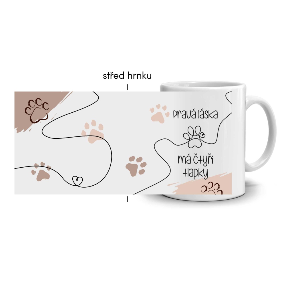 Biely keramický hrnček 330ml s obrázkom - láska má štyri labky (svetlý motív)