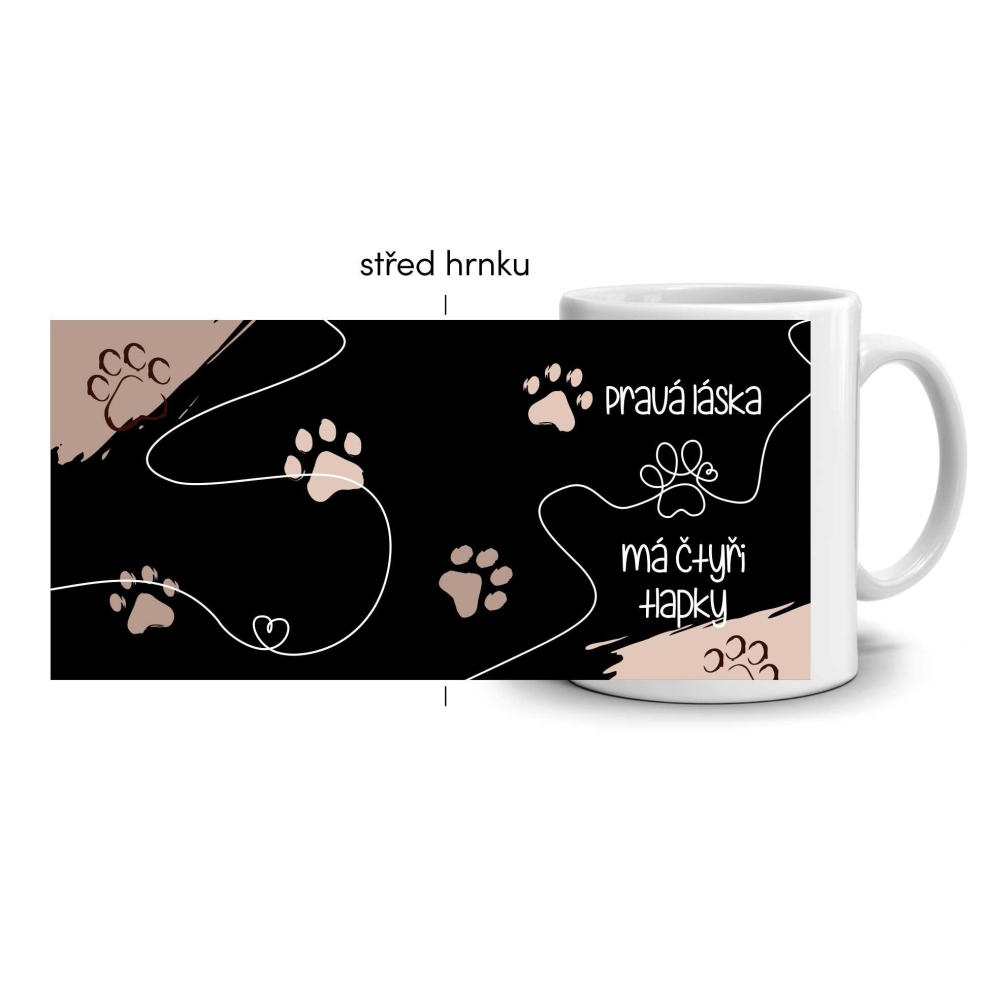 Biely keramický hrnček 330ml s obrázkom - láska má štyri labky (tmavý motív)