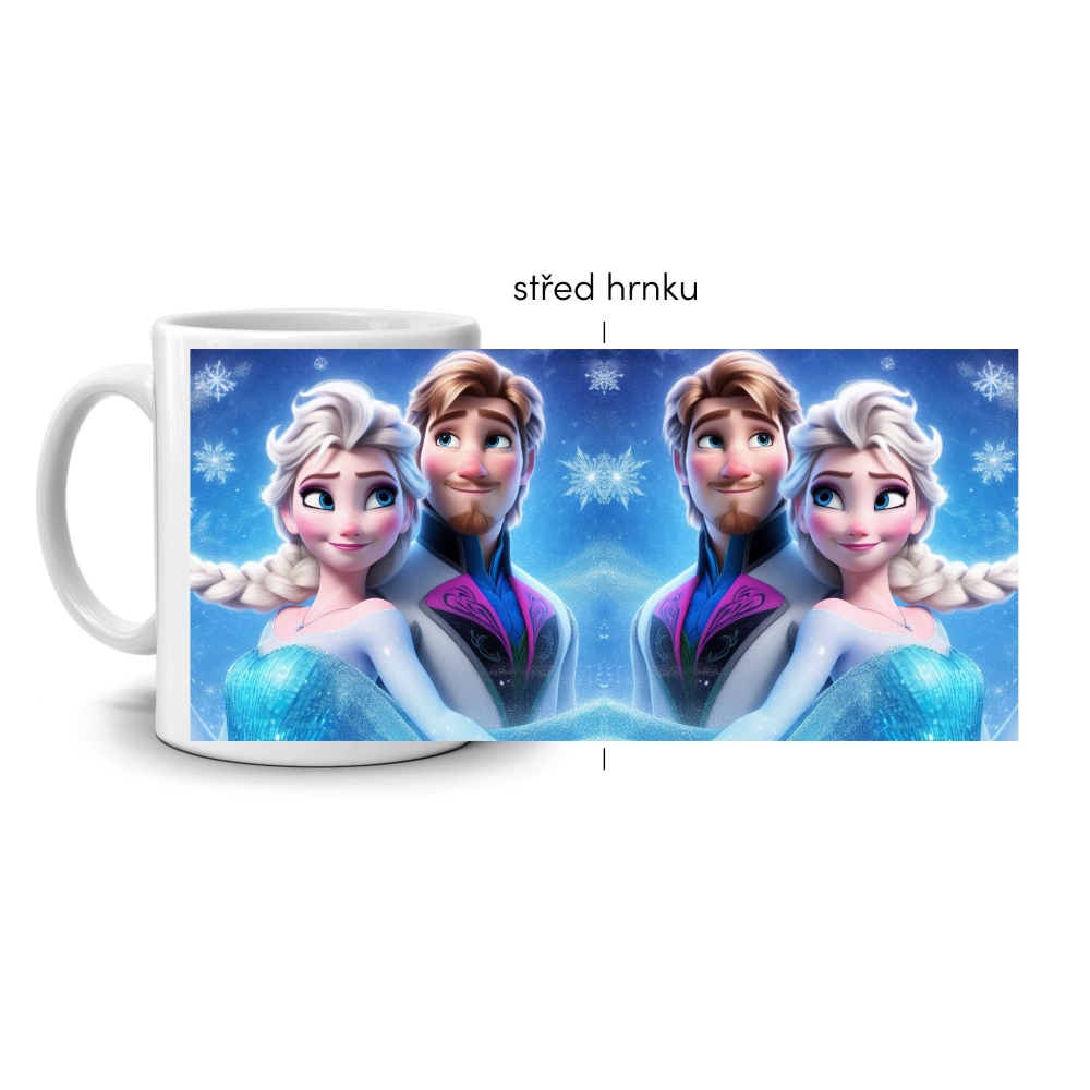 Biely keramický hrnček 330ml s obrázkom - ľadové kráľovstvo