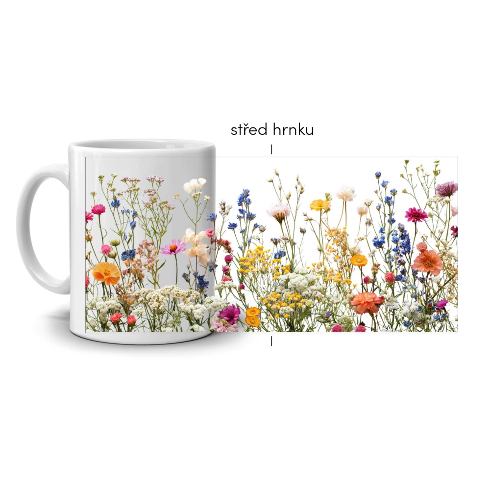 Biely keramický hrnček 330ml s obrázkom - letná lúka