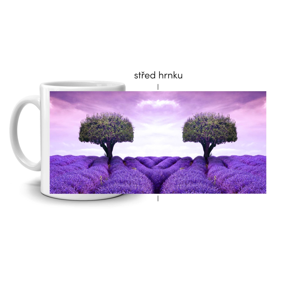 Biely keramický hrnček 330ml s obrázkom - levanduľová lúka