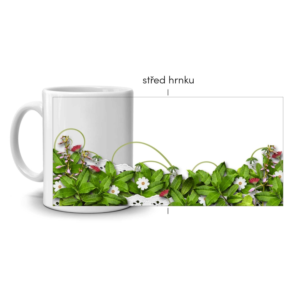 Biely keramický hrnček 330ml s obrázkom - lúka v kvete