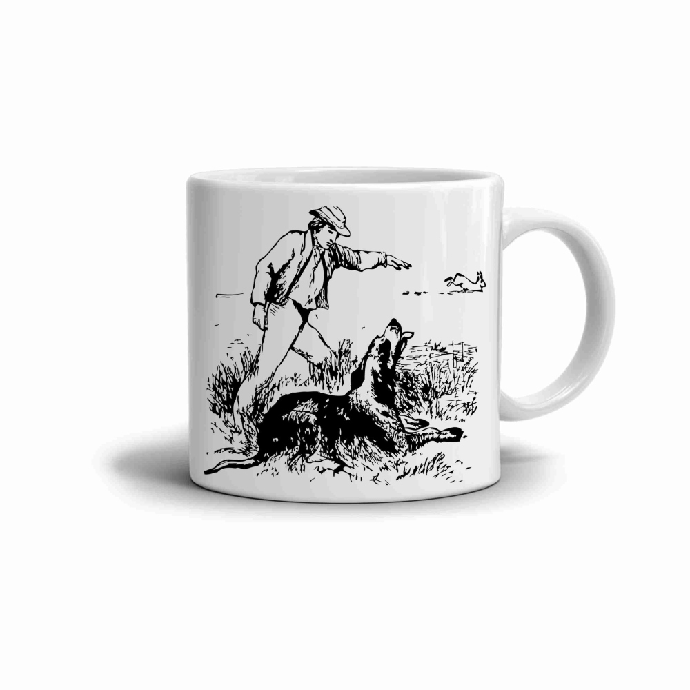 Biely keramický hrnček 330ml s obrázkom - lovec a pes