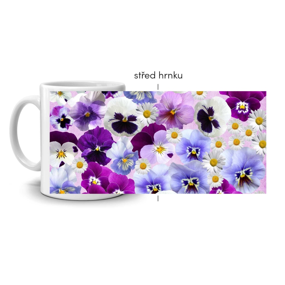 Biely keramický hrnček 330ml s obrázkom - sirôtky a sedmokrásky