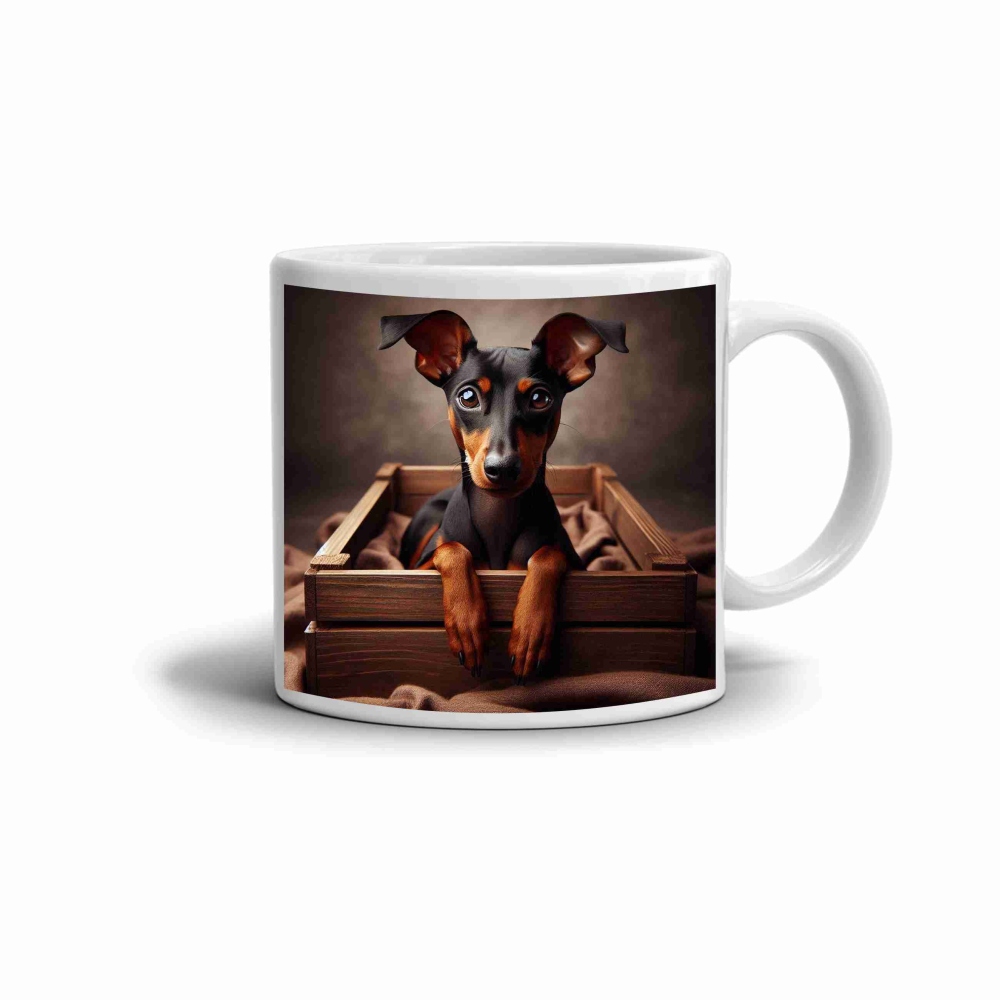 Biely keramický hrnček 330ml s obrázkom - malý elegán v debničke