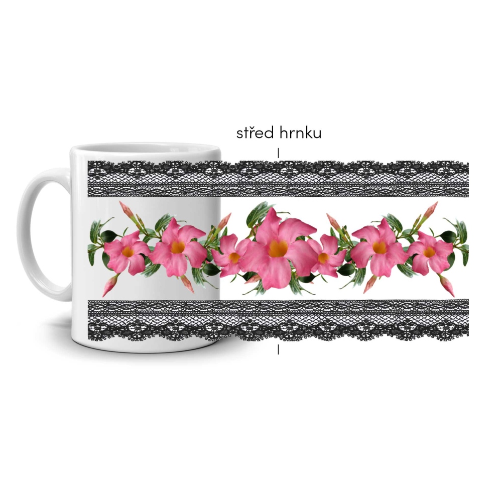 Biely keramický hrnček 330ml s obrázkom - mandevila v krajke