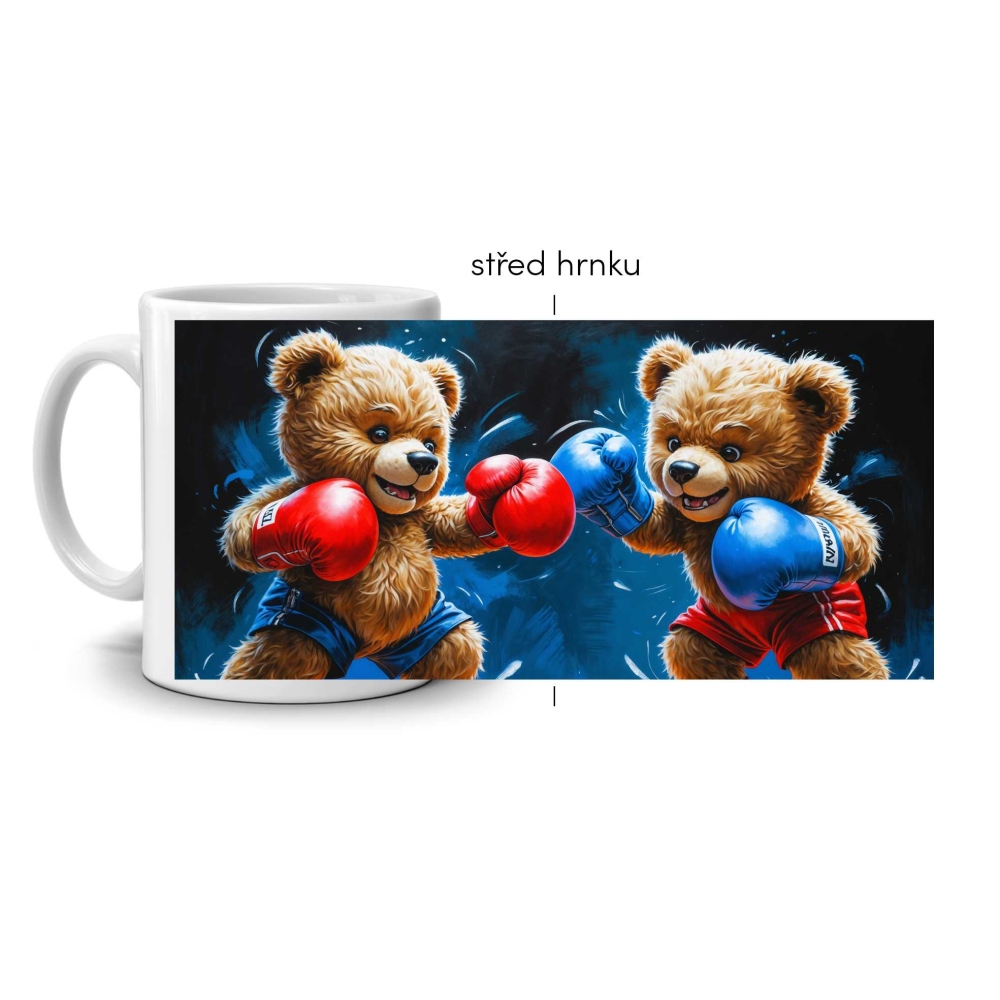 Biely keramický hrnček 330ml s obrázkom - medvedí zápas