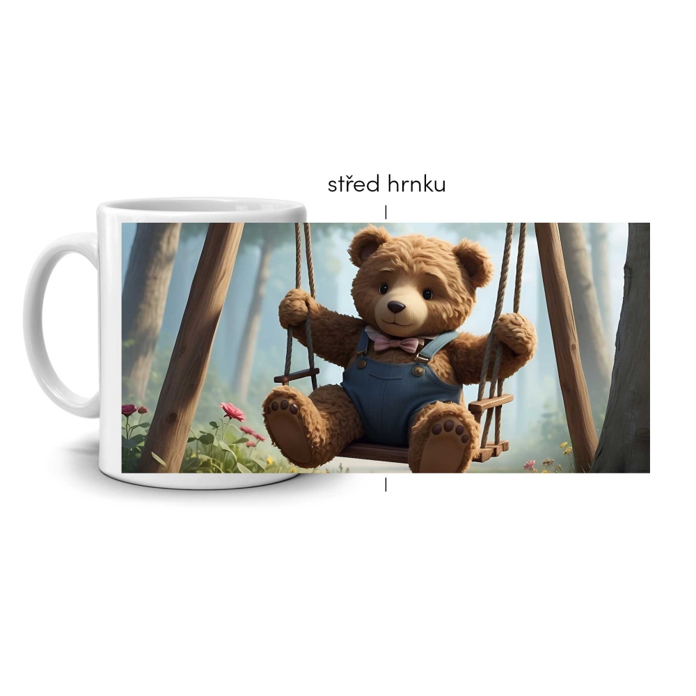 Biely keramický hrnček 330ml s obrázkom - medvedík na hojdačke