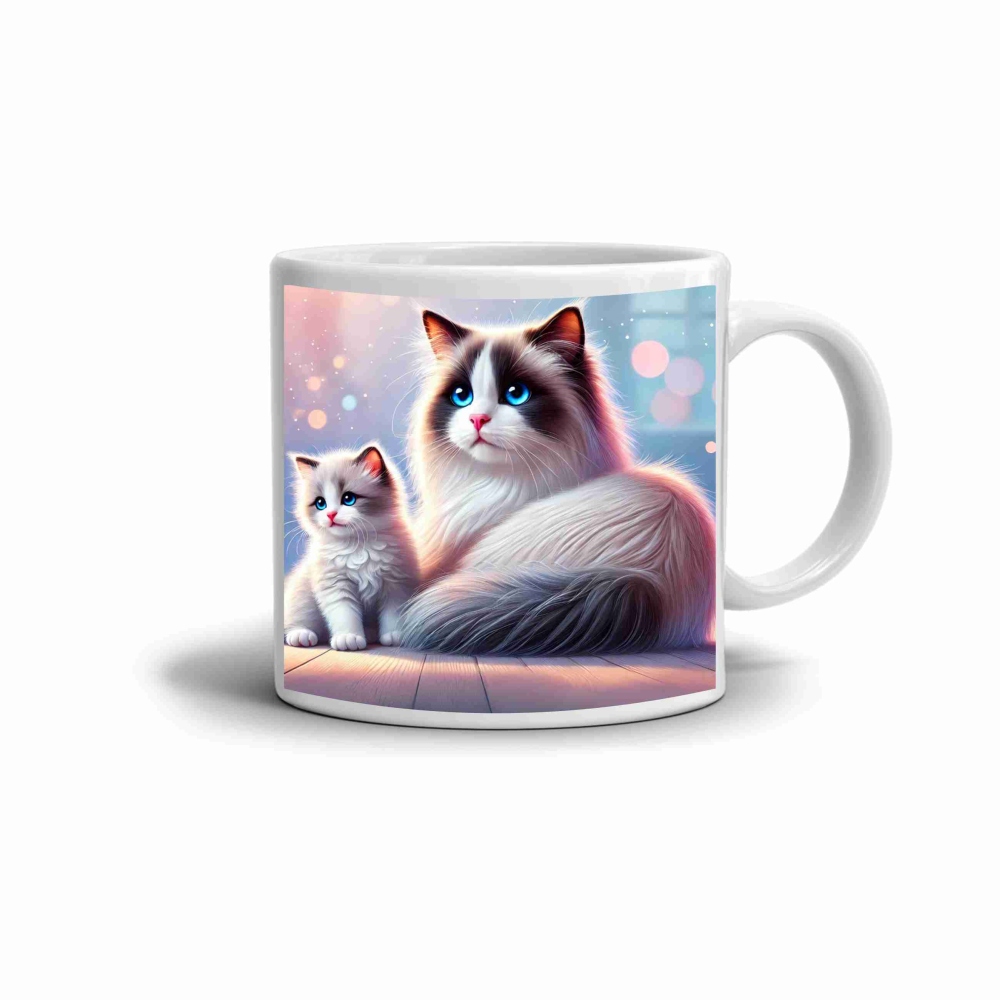 Biely keramický hrnček 330ml s obrázkom - modrooké mačacie duo