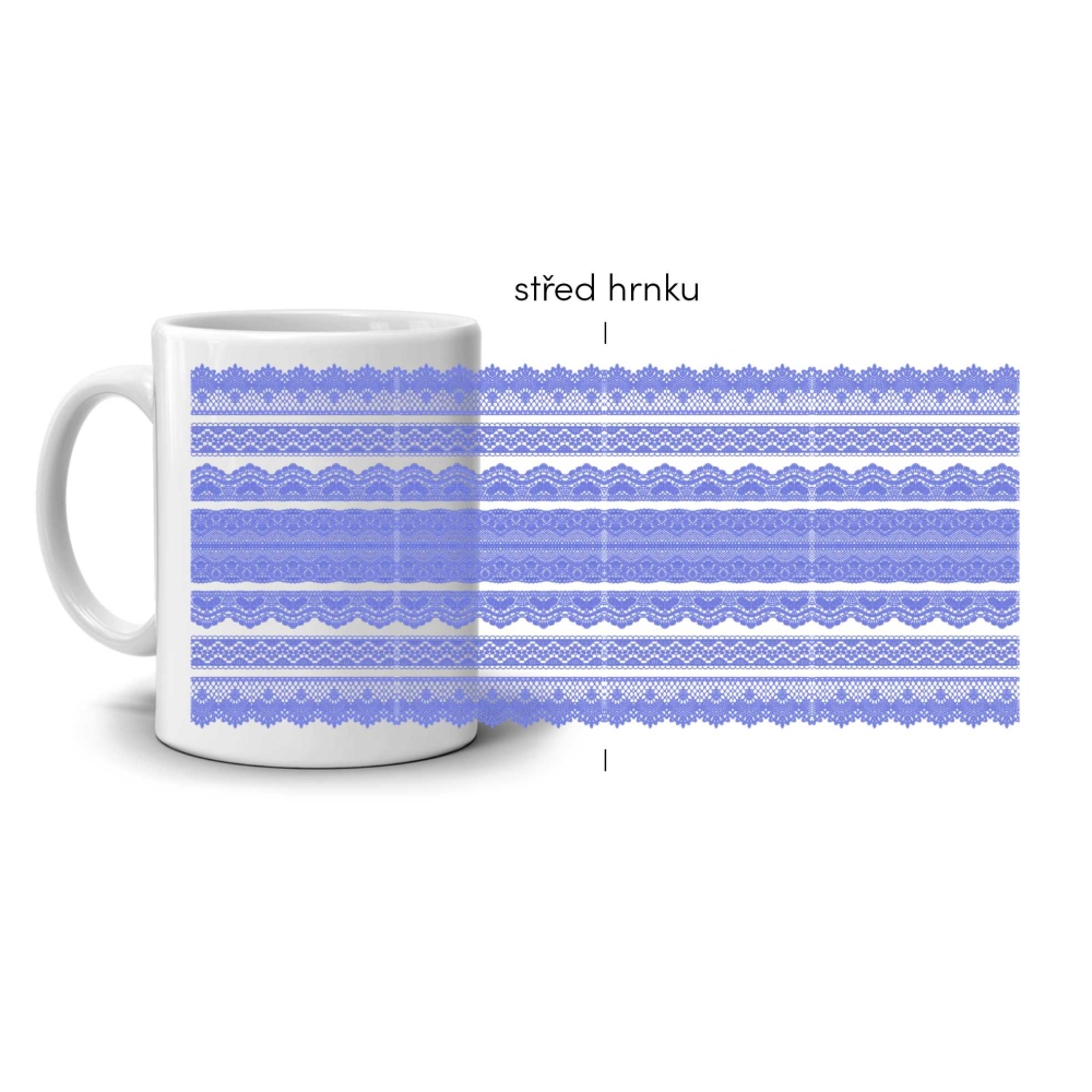 Biely keramický hrnček 330ml s obrázkom - modrý krajkový vzor