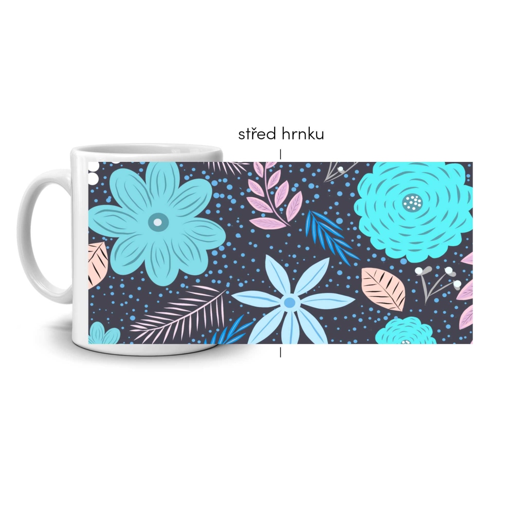 Biely keramický hrnček 330ml s obrázkom - modrá kvetinová potlač