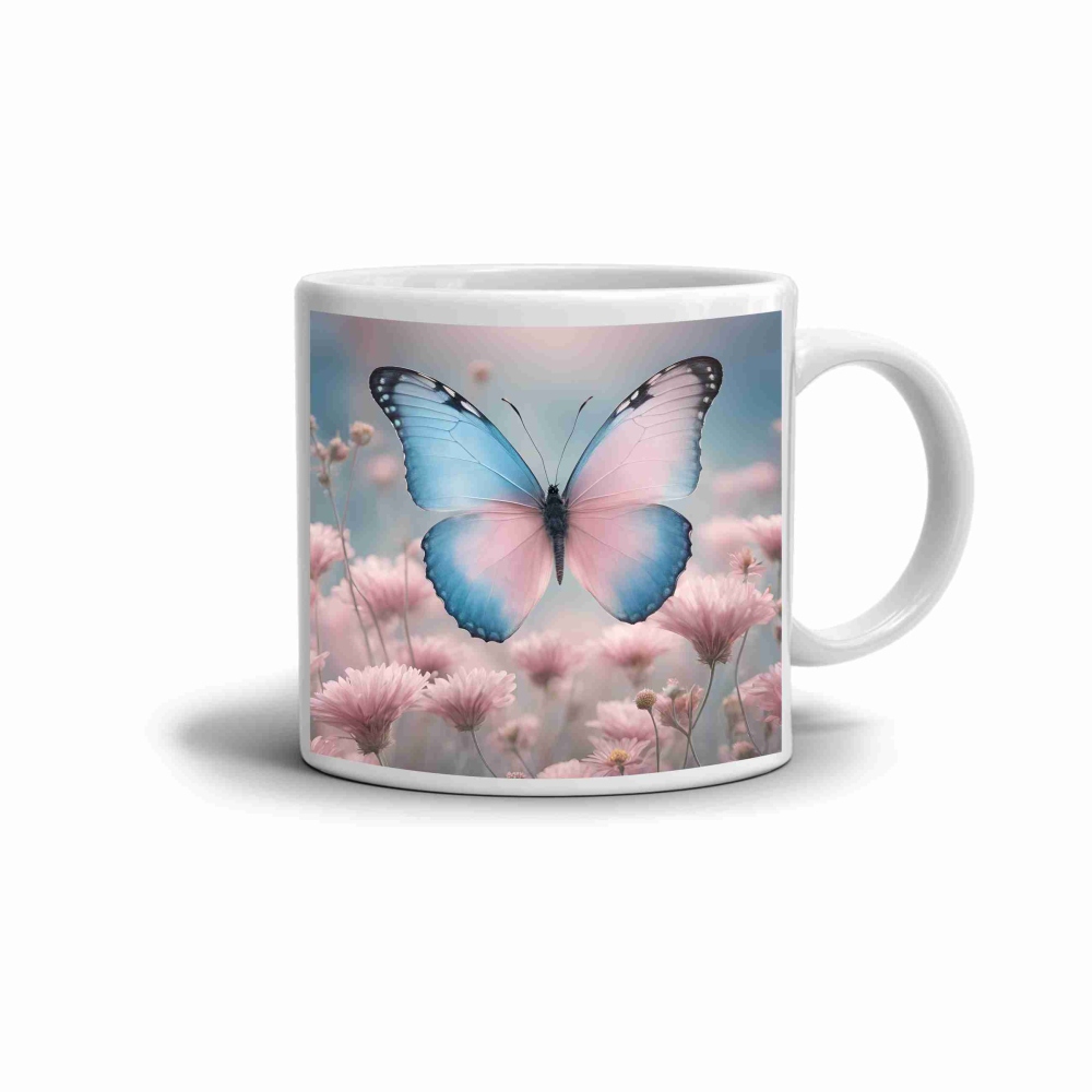 Biely keramický hrnček 330ml s obrázkom - motýlia jemnosť