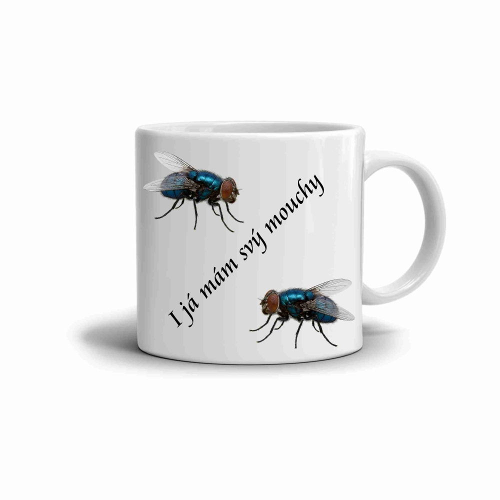 Biely keramický hrnček 330ml s obrázkom - muchy 2