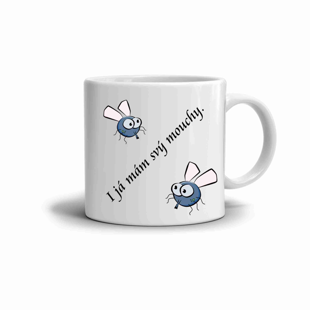 Biely keramický hrnček 330ml s obrázkom - muchy