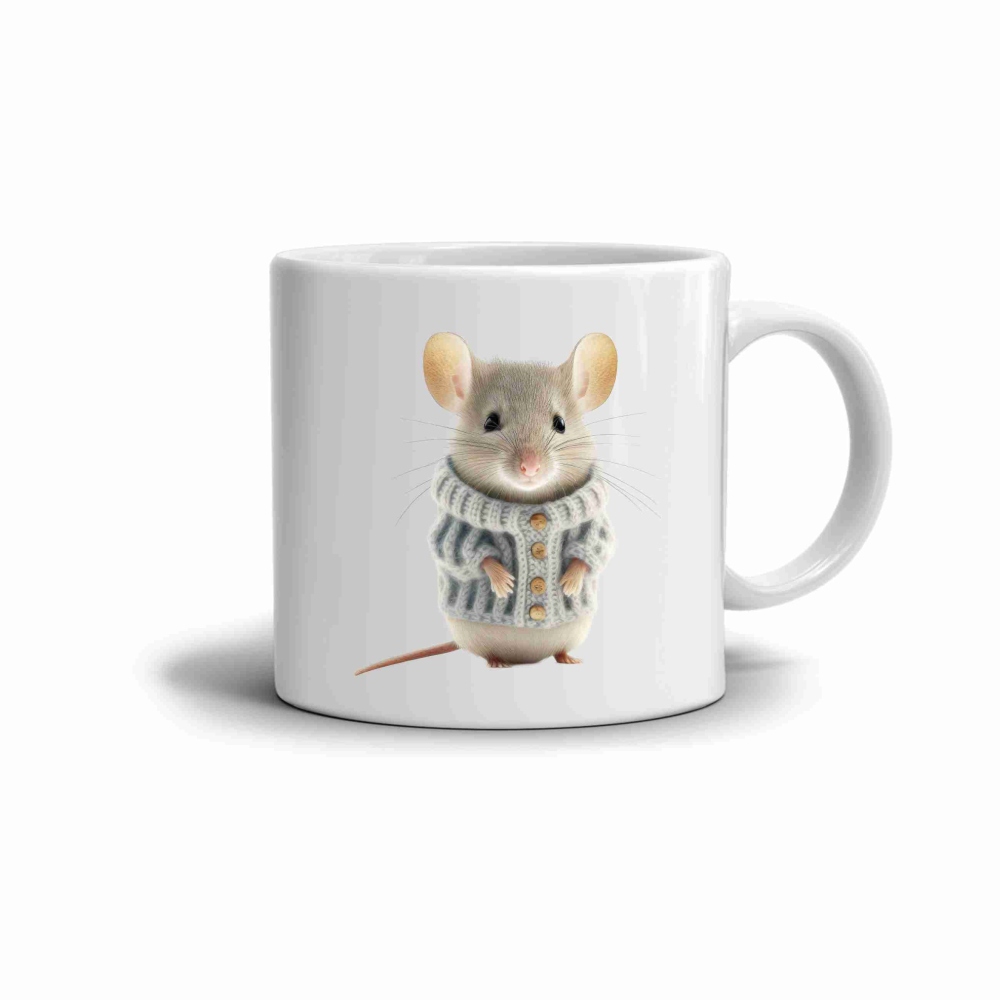 Biely keramický hrnček 330ml s obrázkom - myš vo svetri
