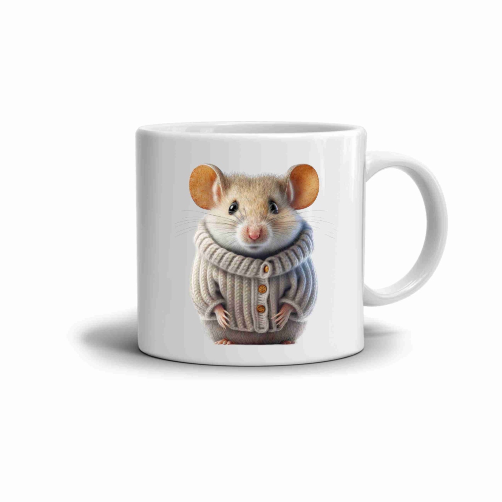 Biely keramický hrnček 330ml s obrázkom - myšák vo svetri